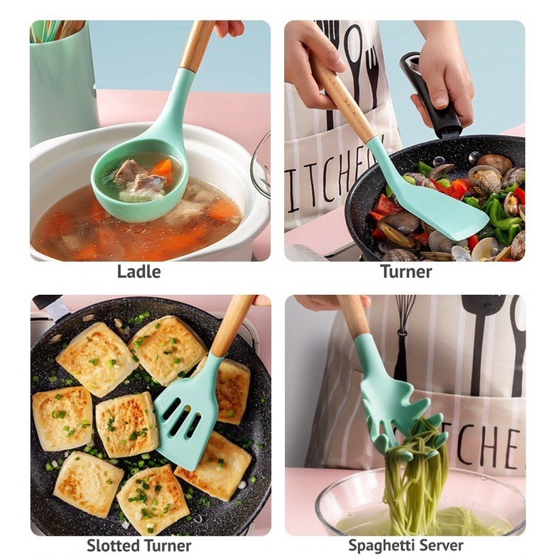 Sutil Silicon Utensil Kayu Isi 12 Pcs / Spatula Tahan Panas Set 12in1 / Alat Masak 12 in 1