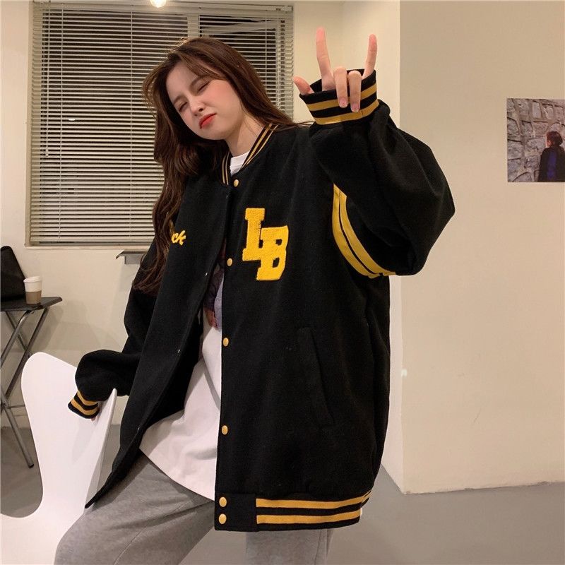LB BLACK 93 VARSITY JACKET OVERSIZE PRIA WANITA SWEATER BASEBALL FASHION TERKINI CASUAL FASHION FLEECE TEBAL