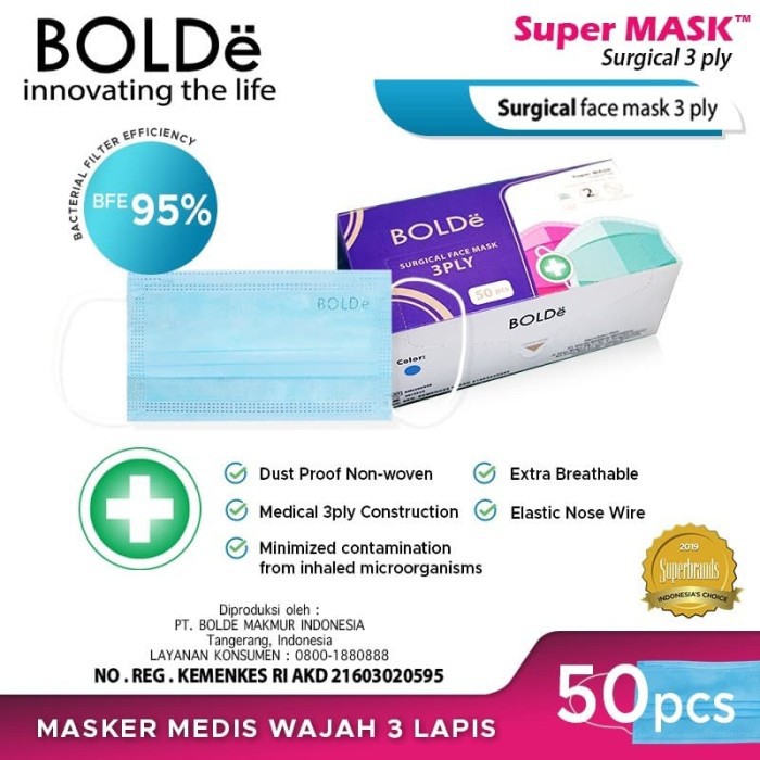 Super Mask Surgical Masker Medis 3 Ply Anti Bakteri ( 50 pcs ) Original BOLDe