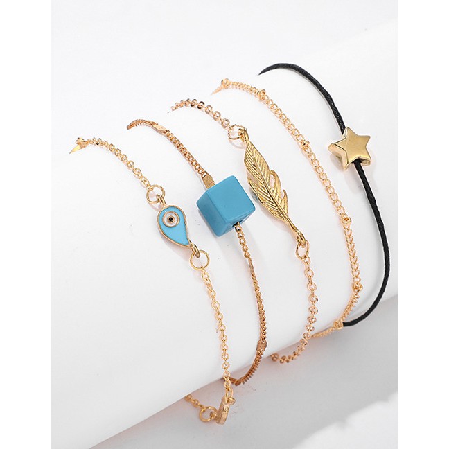 LRC Gelang Fashion Gold Stars: Leaves: Square Eyes: Alloy Feather Line: Anklet: 5 Piece Set F79004