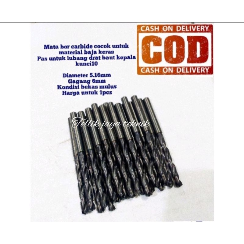 Mata Bor. Drill Carbide 5.16mm Untuk Material Baja Keras. Pas Untuk Baut 10