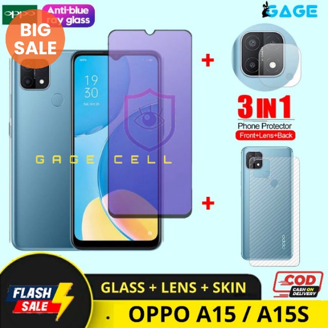 PAKET 3 IN 1 TEMPERED GLASS ANTI RADIASI BLUE LIGHT OPPO A15 A15S FULL LAYAR SCREEN GUARD