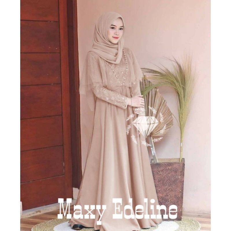 MAXY EDELINE MUTIARA, MOSCREPE BRUKAT, GAMIS HIJAB MUSLIM, MAXY DRESS, 3 UKURAN