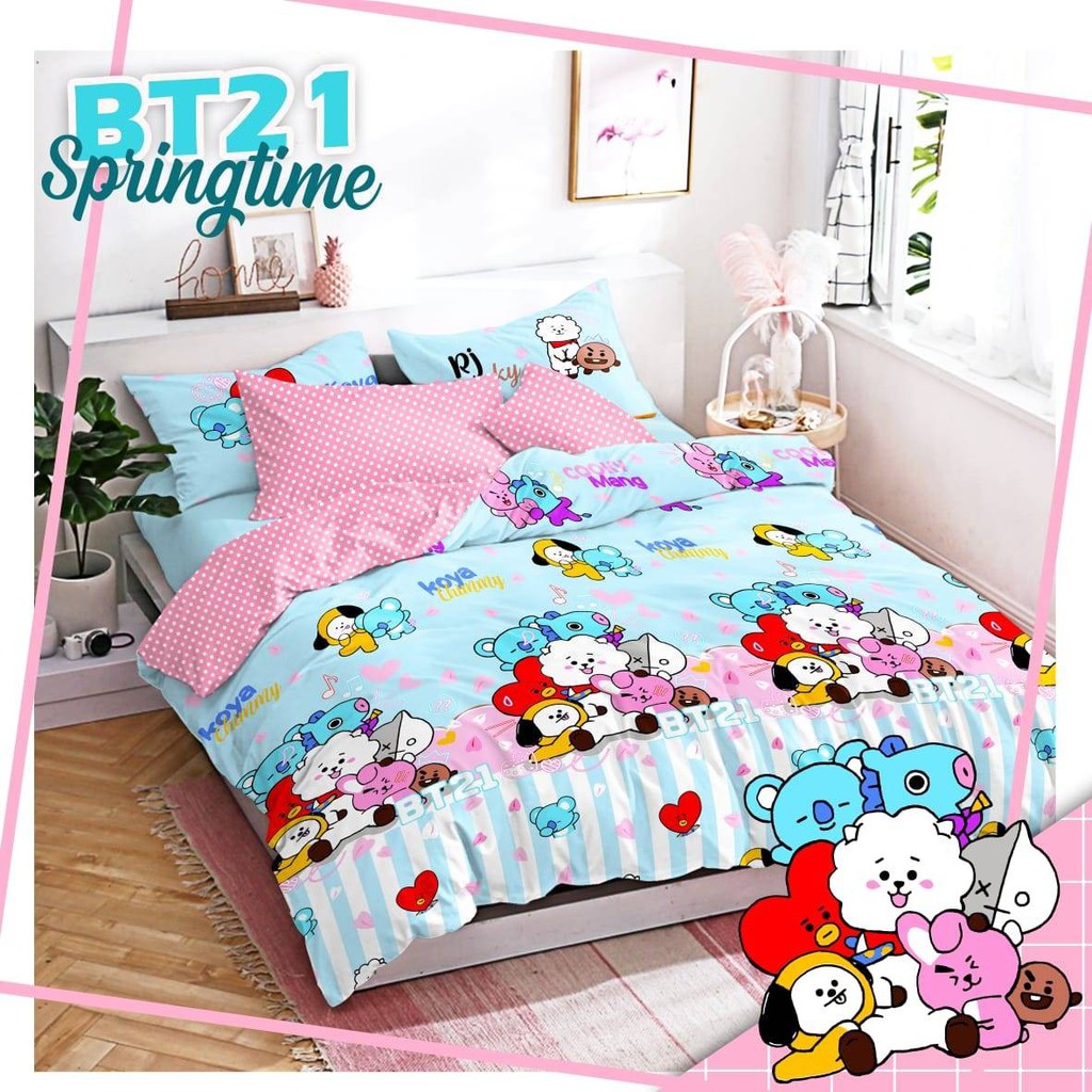 Sprei BT21 Springtime Biru Dan BT21 Springtime Pink