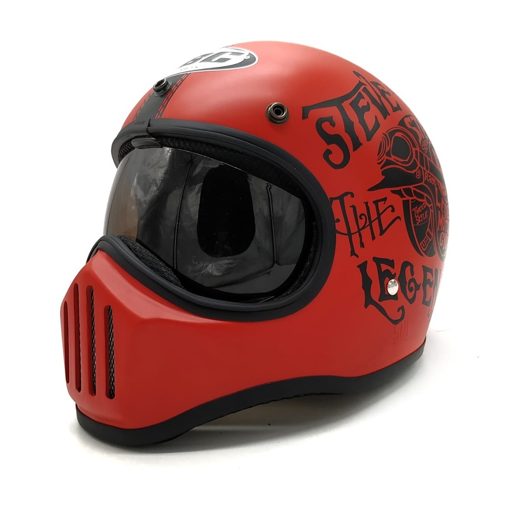 Helm Cakil HBC Steve Red Font Black + Inner Visor ( Fullface / Retro / Klasik / Vespa )