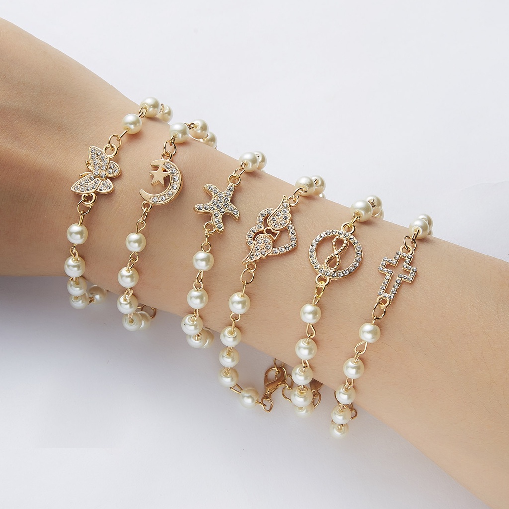 Korean Fashion Cross Butterfly Woman Rhinestone Pearl Bracelet Jewelry Gift Factory Wholesale