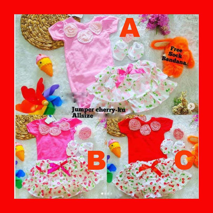 Baju Bayi Perempuan Lucu 0 6 12 Bulan Murah Setelan Jumper Bayi Perempuan Rok + Bandana + Sepatu Kain -  Fresh Cherry