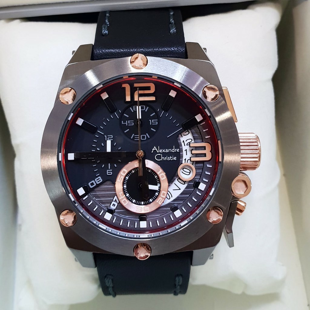 Jam original alexandre Christie AC 6456  pria tali kulit hitam list gold