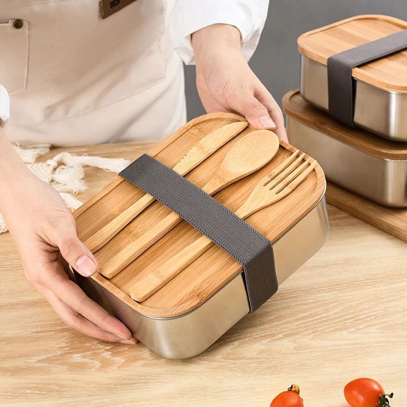 japanese style lunch box bento set stainless steel 304 wooden bamboo lid cover / kotak bekal tempat makan tutup bambu kayu premium quality