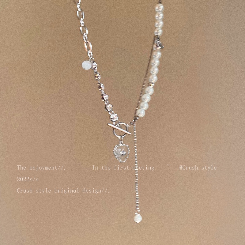 YEEZII Kalung Rantai Choker Liontin Hati Hias Mutiara Kristal Warna Silver Untuk Wanita