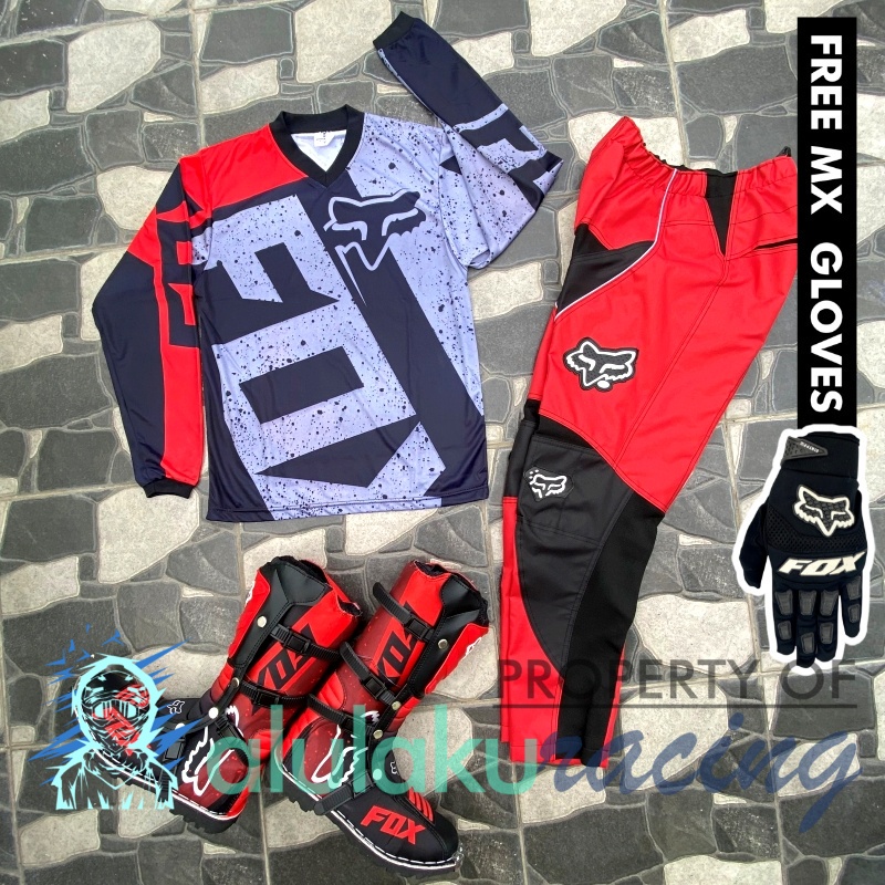 Jersey, Celana, Sarung Tangan &amp; Sepatu Fullprint with Protectors Fullset MX Trail Motocross - Paket Bundling FOCTFG100303-F41