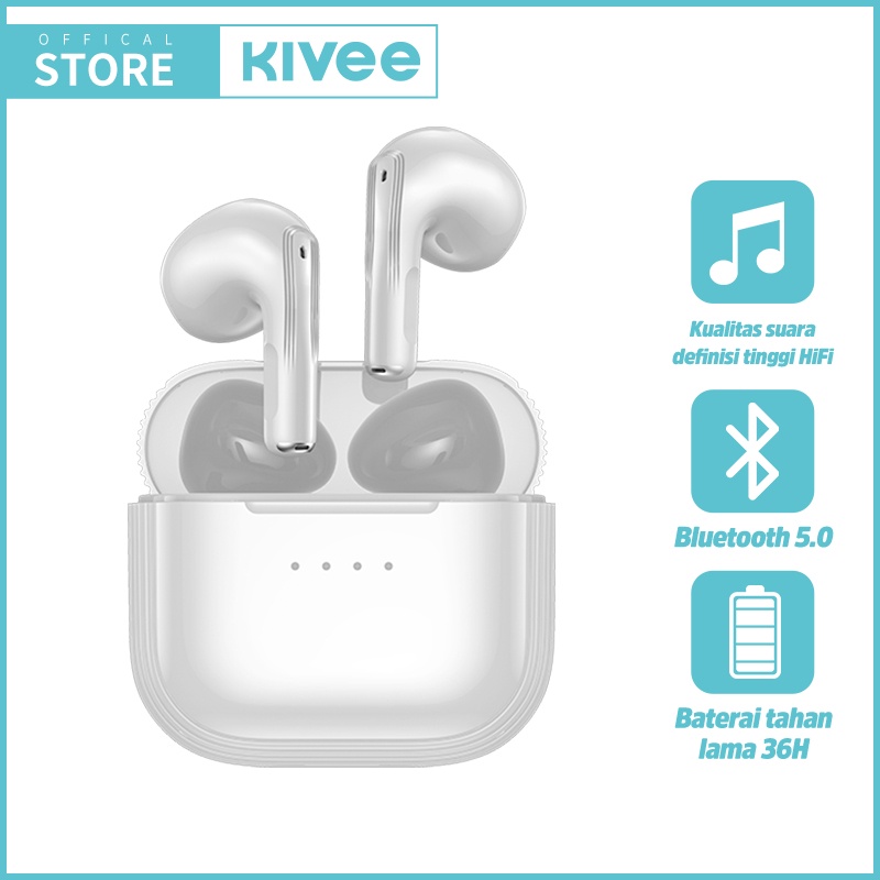 KIVEE TWS Earphone Bluetooth 5.0 Noise Cancellation Headset Gaming & Music In Ear-mini white（High end