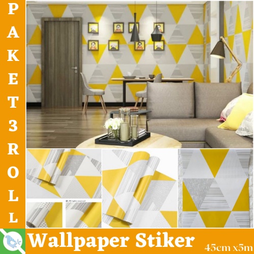 GRATIS ONGKIR !! TERBARU  Paket Wallpaper 3ROLL ( BUY 2 GET 1 FREE ) Wallpaper dinding/Sticker Dinding Anti Air/Wallpaper DInding Kamar Tidur 3D MOTIF SEGITIGA KUNING MODERN BEST SELLER !!!!!