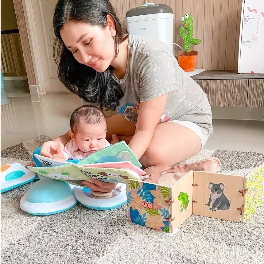 Learning Time Animals Wooden Book - Buku Kayu Tema Binatang Baby Tummy Time Session Latihan Fisik, Edukasi Visual Bayi 0-12 Bulan