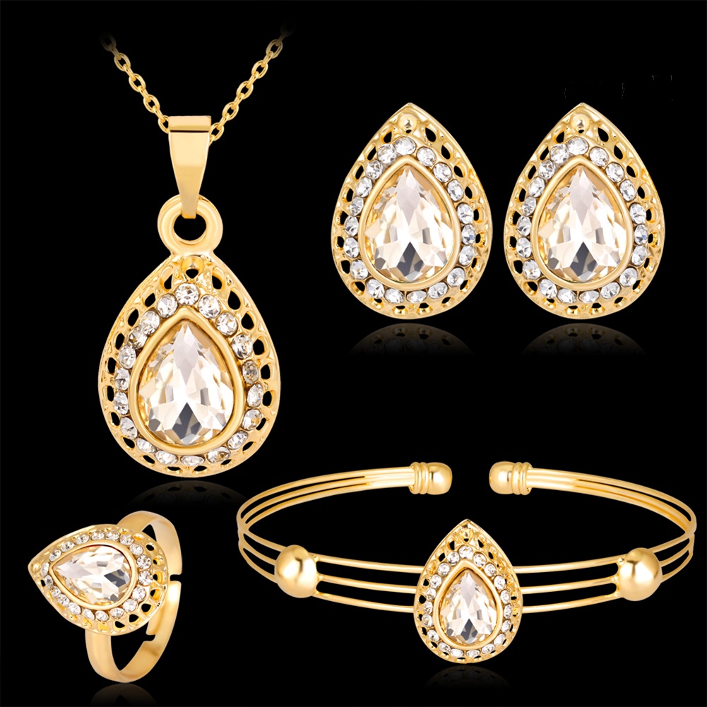 OW@ Women Retro Water Drop Gold Plated Jewelry Set Necklace Bracelet Earrings Ring