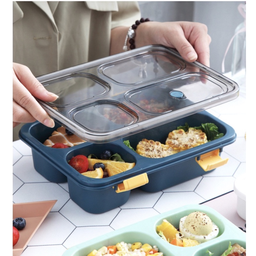 Kotak Makan Bento 3 Grid Free Sendok / Kotak Makan Bekal Anti Tumpah 850 ml / Lunch Box Food Grade