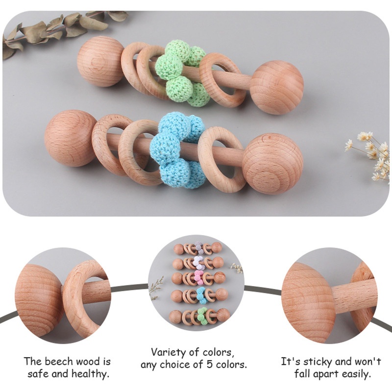 Mary Mainan Rattle Teether Bahan Kayu + Wol Rajut Untuk Bayi