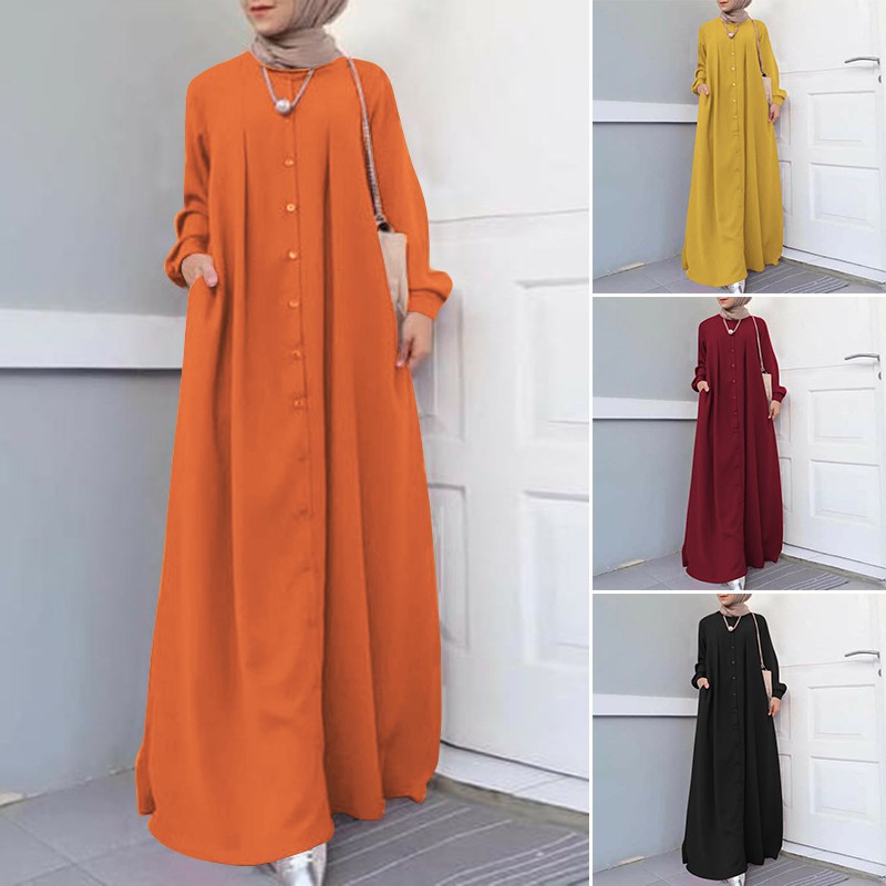 ZANZEA Women Solid Color Side Pockets Button Cuffs Muslim Maxi Dress
