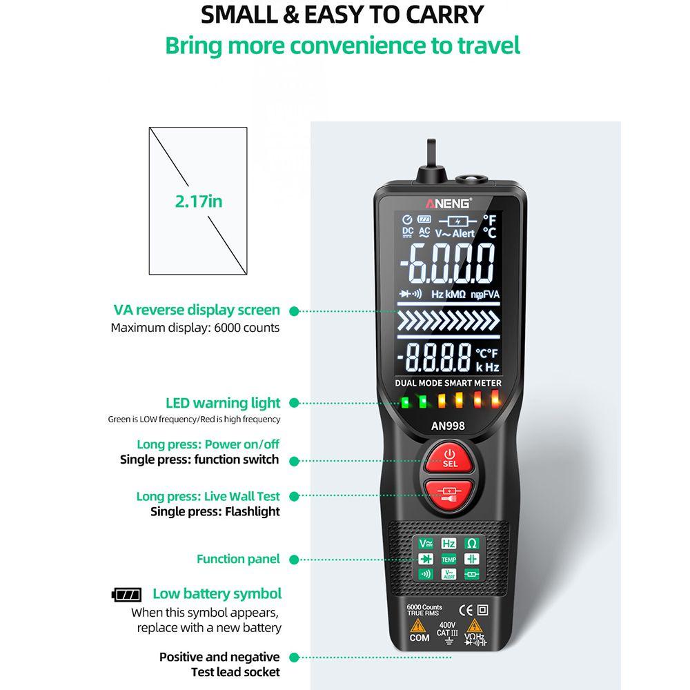 Solighter Digital Smart Multimeter ANENG AN998 Auto Ranging AC/DC Voltmeter Temp Ohm Hz Alat Detektor Digital Profesional Meter