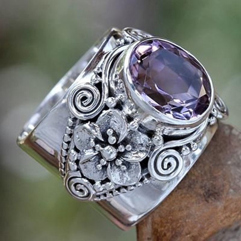 Cincin Sterling Silver 925 Gaya Vintage Dengan Ukiran Bunga + Batu Amethyst Alami Untuk Wanita