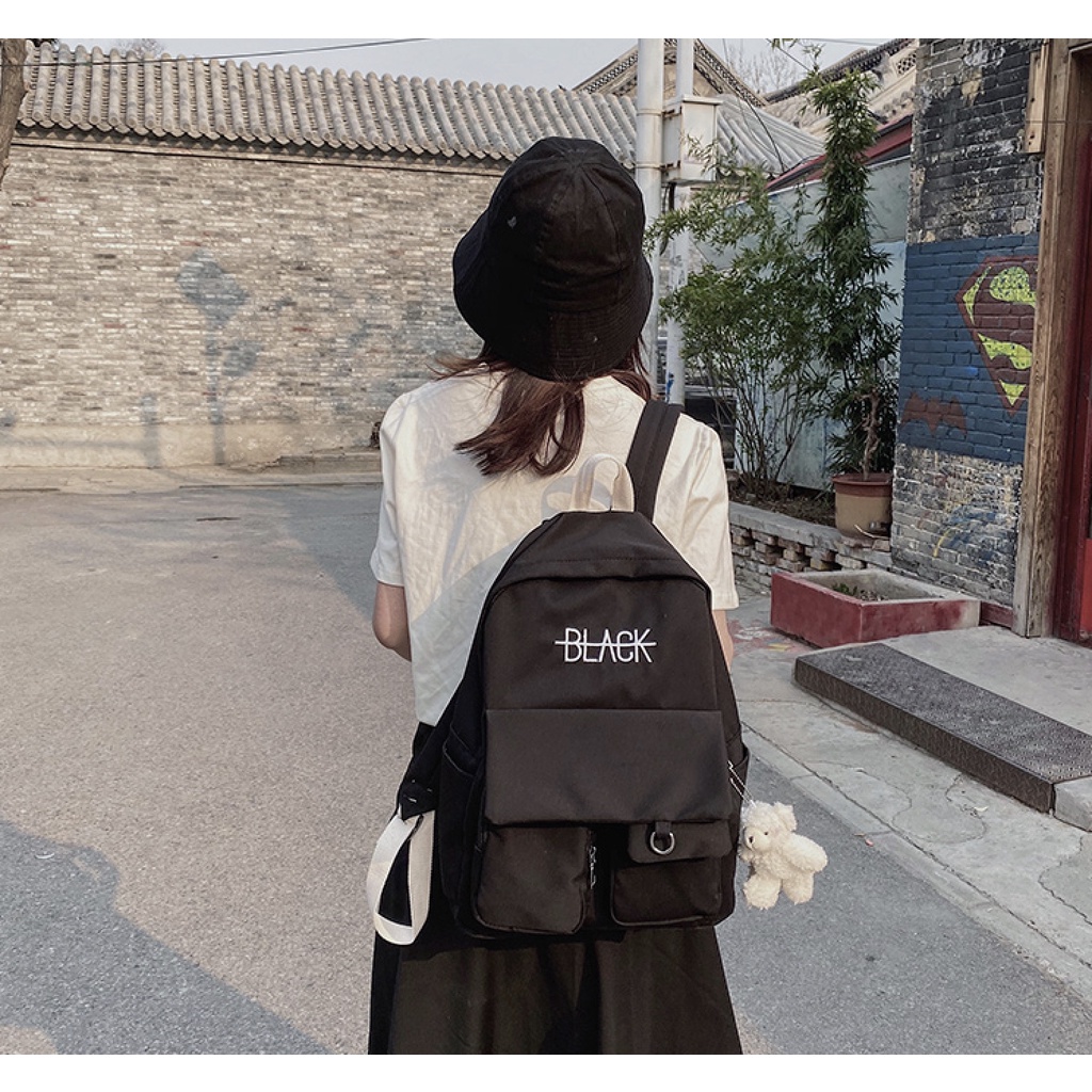 WYK77 Tas Ransel Wanita Pria Sekolah Kuliah Backpack Black Strikethrough Impor TKM