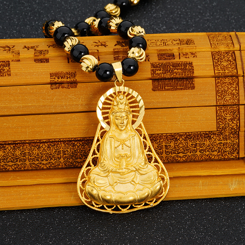 Kalung Rantai Emas Asli Kadar 375 Liontin Guanyin Bodhisattva Gaya Etnik Untuk Aksesoris Pria