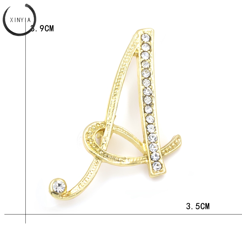 26 Huruf Zinc Alloy Crystal Clear Rhinestone Bros Pins untuk Wanita di Warna Silver Disepuh