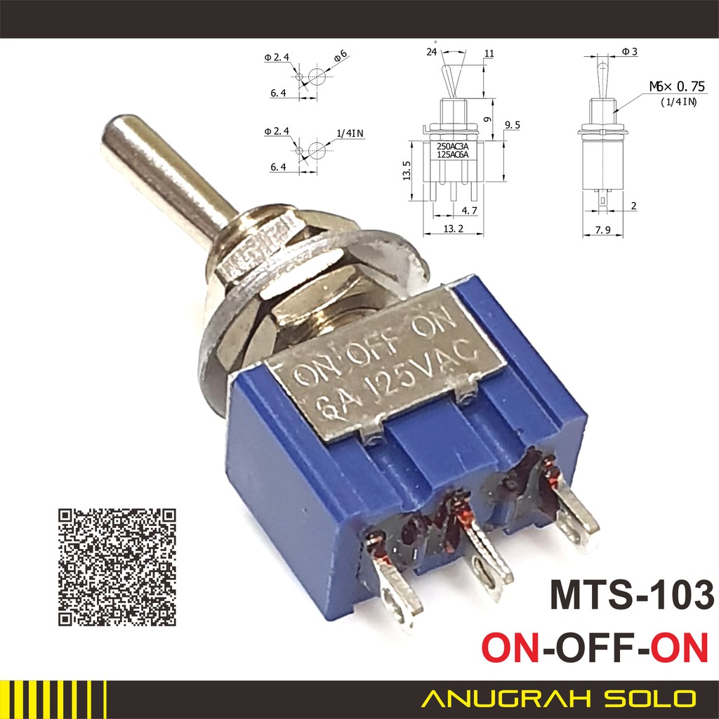 Saklar Toggle 3 kaki 2 Posisi ON-OFF-ON Toggle Switch MTS-103