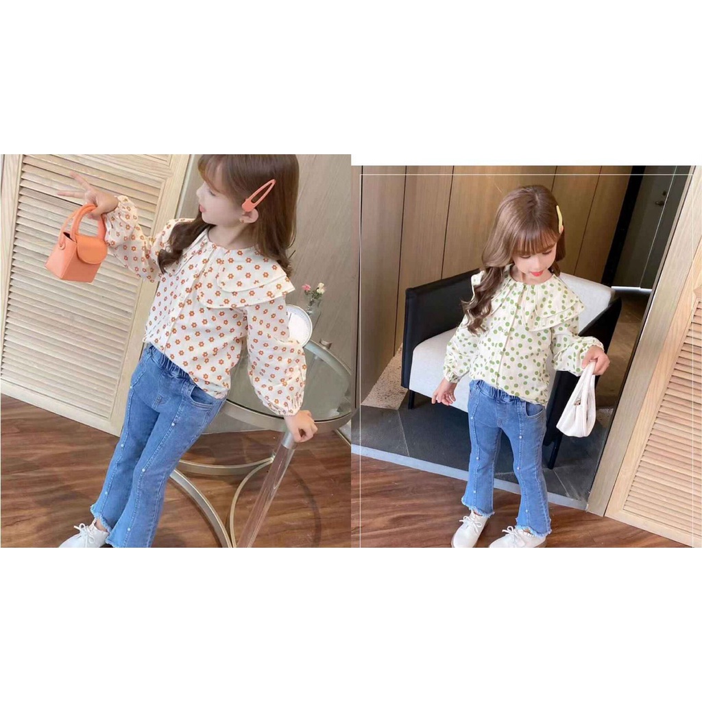 Setelan Jeans Krah Susun Bunga 6M - 3Y Setelan Blouse Katun Celana Jeans Anak Perempuan Fashion Import High Quality CBKS