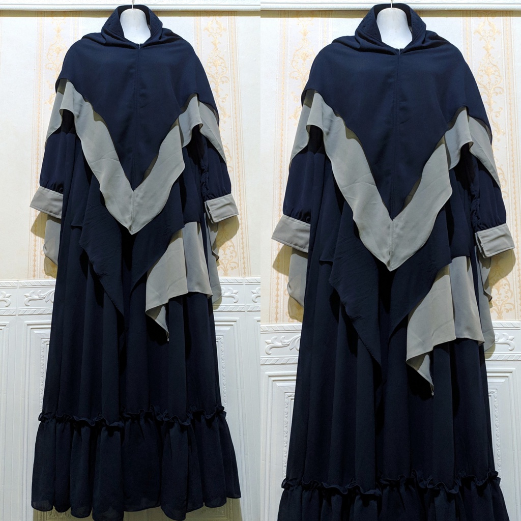 Gamis syari ceruty set khimar Gamis wanita remaja ibu ibu jumbo mewah Gamis terbaru kekinian-Navy mix abu