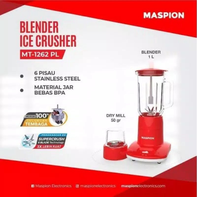 Blender Maspion Plastik 1 Liter MT 1262PL - 1262 PL 2in1 Dry Mill Original MT1262PL