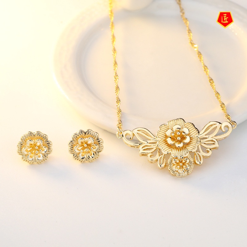 [Ready Stock]Gold Stud Earrings Vintage Flower Jewelry Necklace Set for Women