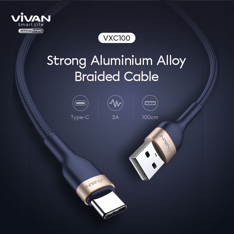 Kabel Data VIVAN 3Q Micro Type C Iphone 100cm Nilon Fast Charging 3A VXM 100 VXC100 VXL100