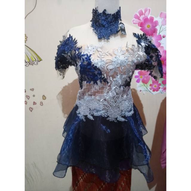 Kebaya ready lengan pendek navy kombinasi silver
