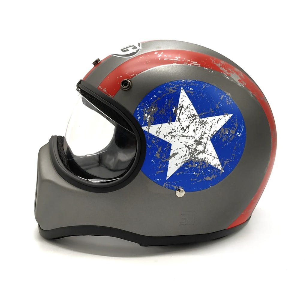 Helm Cakil HBC Captain America Grey + Inner Visor ( Fullface / Retro / Klasik / Vespa )