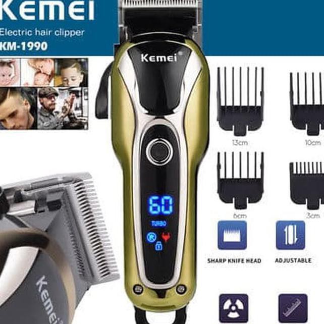 CUKUR KEMEI KM-1990 TURBO MESIN CUKUR RAMBUT LED BATERAI RECHARGE ORI