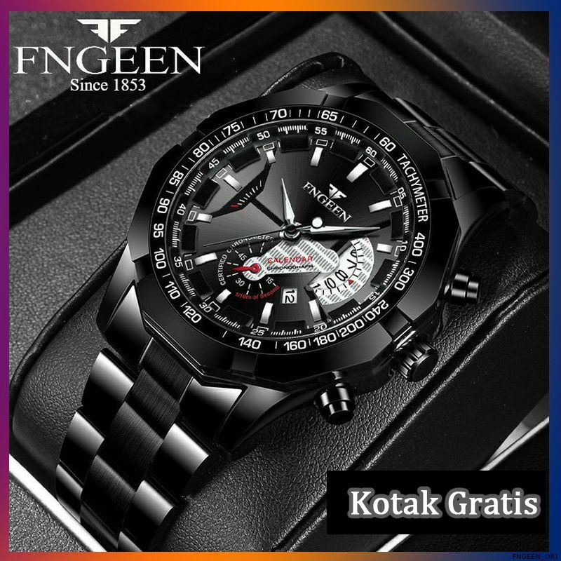 Jam Tangan FNGEEN Pria Analog Water Resistant Anti Air Anti Karat Mewah Keren Tali Rantai Stainless 