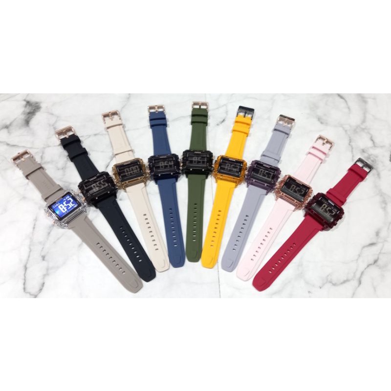 (Toko Ricoh) Jam Tangan Pria Led Fossil Karet Segi