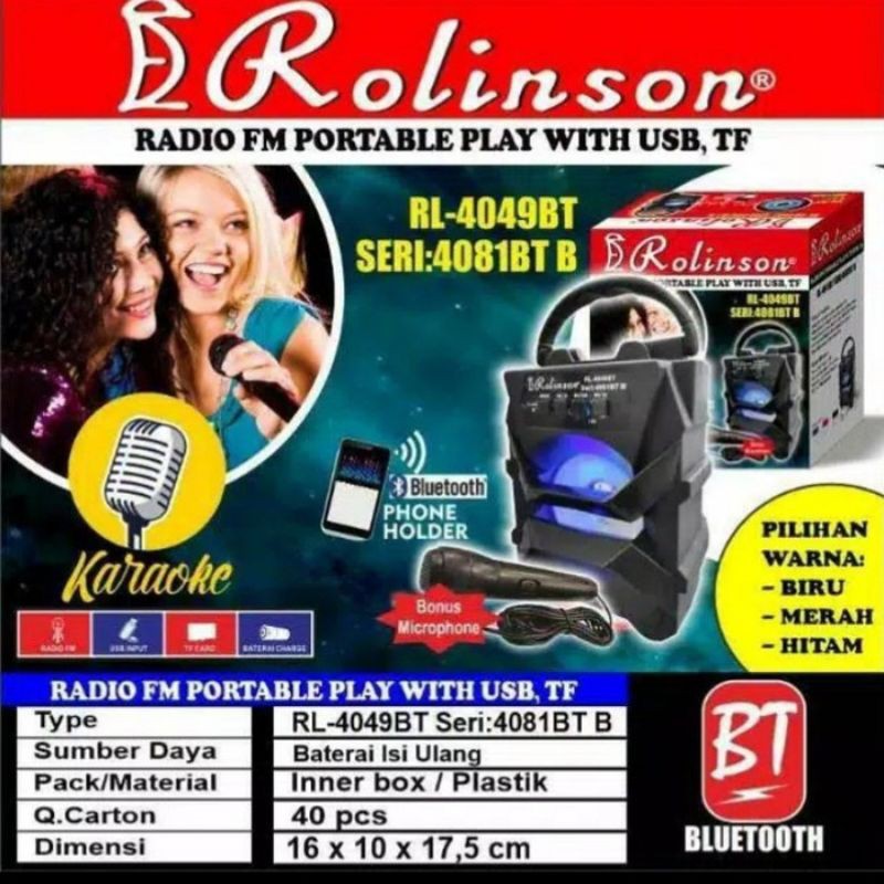 SPEAKER BLUETOOTH KARAOKE BONUS MIC ROLINSON RL- 4049BT / B + FREE 1 MASKER