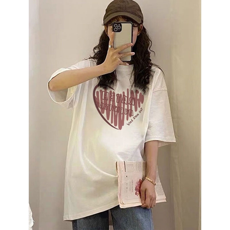 EUNII T-shirt Lengan Pendek Doodle Cinta Hati Pencetakan Longgar Korean Style/Kaos Atasan Wanita/Baju Kaus Oversize Wanita