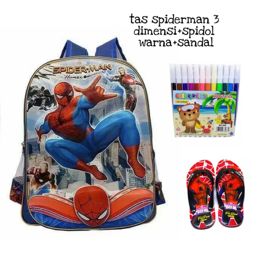 Tas ransel karater superhero 3D free spidol dan sendal