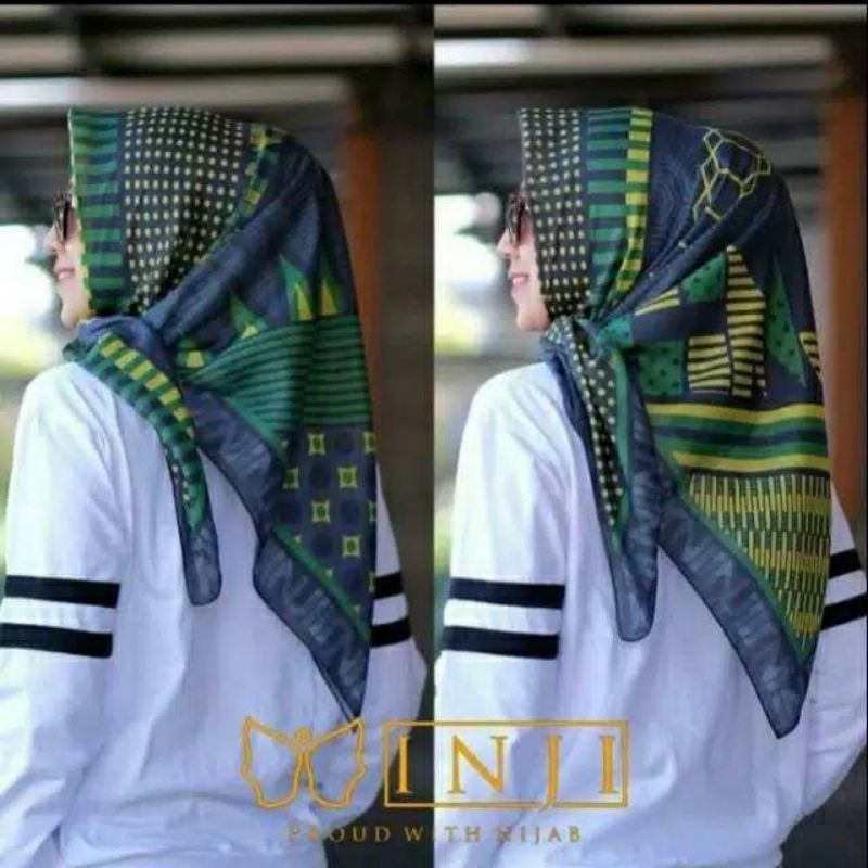 Hijab Segi Empat Voal Motif Inji Warna Hijau Kerudung Terbaru