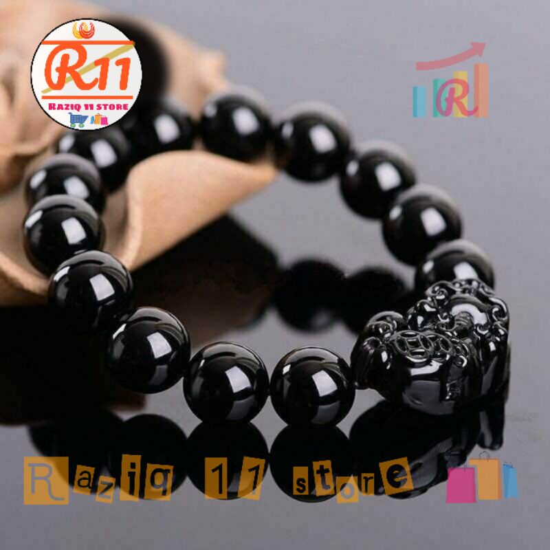 Gelang Batu Giok Hitam Black Jade China Bandul Pixiu 13mm