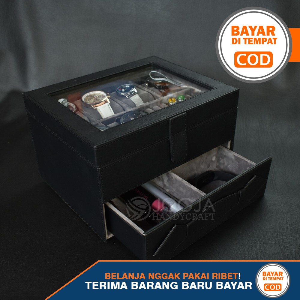 Exclusive - Kotak Tempat Jam Tangan Jumbo isi 6 mix Tempat Perhiasan Susun Black Grey