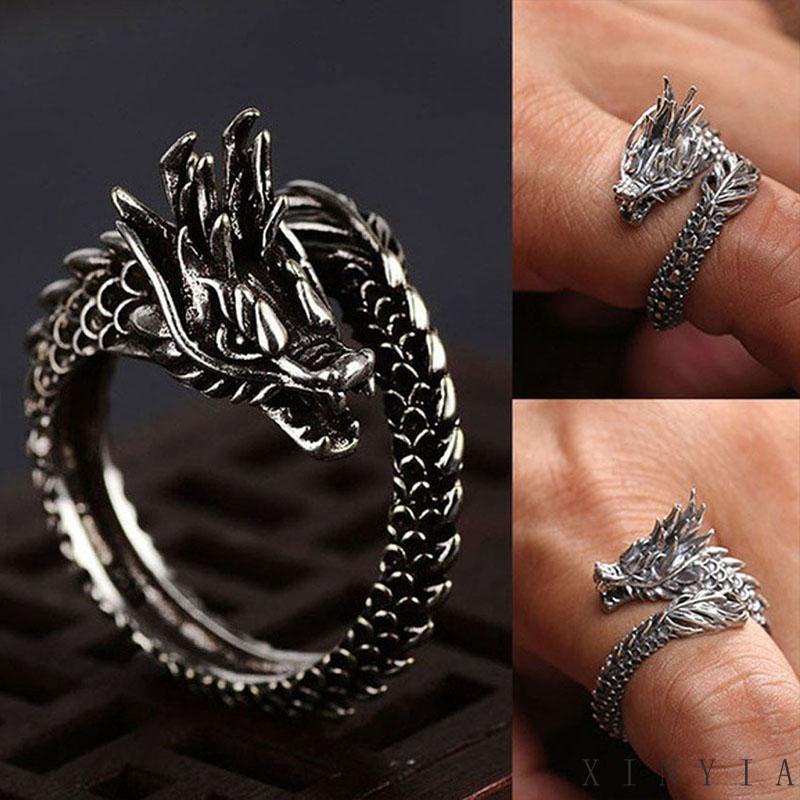 Cincin Desain Naga Bahan Alloy Imitasi Gaya China Retro Untuk Pria