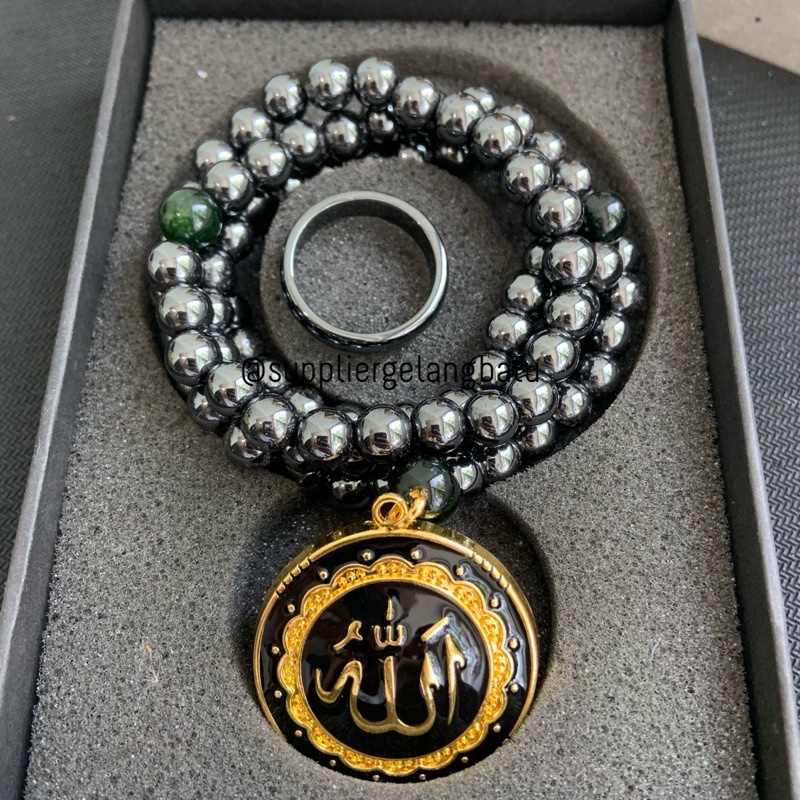 PAKET CINCIN KALUNG GELANG GANNAMYONG PREMIUM ALLAH Tasbih 99butir blustin black jade aceh hematite tormalin