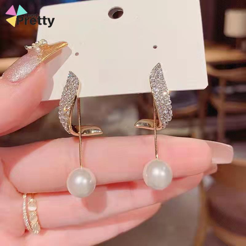 Elegan Berlian Mutiara Fashion Sederhana Temperamen Wanita Anting Rumbai Panjang - PD