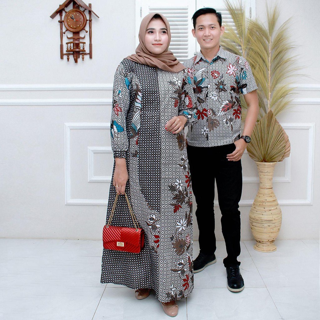 Batik Couple Gamis batik Maura Sania Ruffle ori Ndoro jowi DNT Size M L XL All Size-3