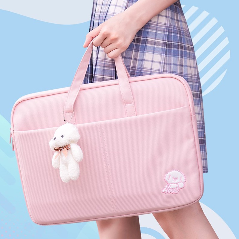 Deli Tas Laptop 14 inch Tas Kerja Wanita Tas Kerja Pira Pink Biru Busa Liontin Boneka Menangani Ritsleting Tas Official Briefcase