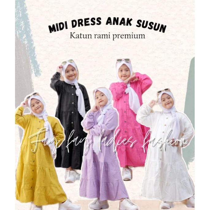 Midi Dress Kerut Susun Anak Bahan Katun Linen Rami Premium